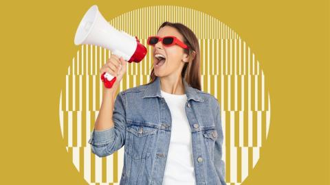 Woman yelling through megaphone