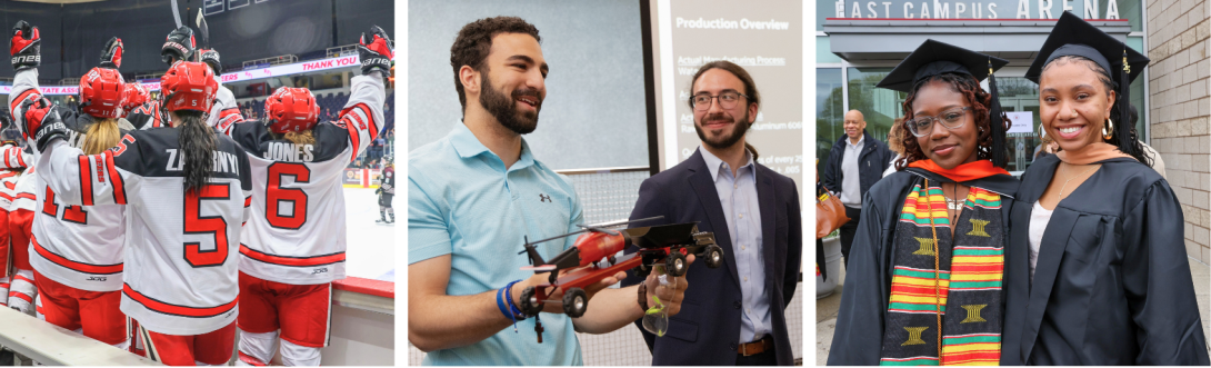 womens ice hockey cheering, student presenting work, RPI graduates